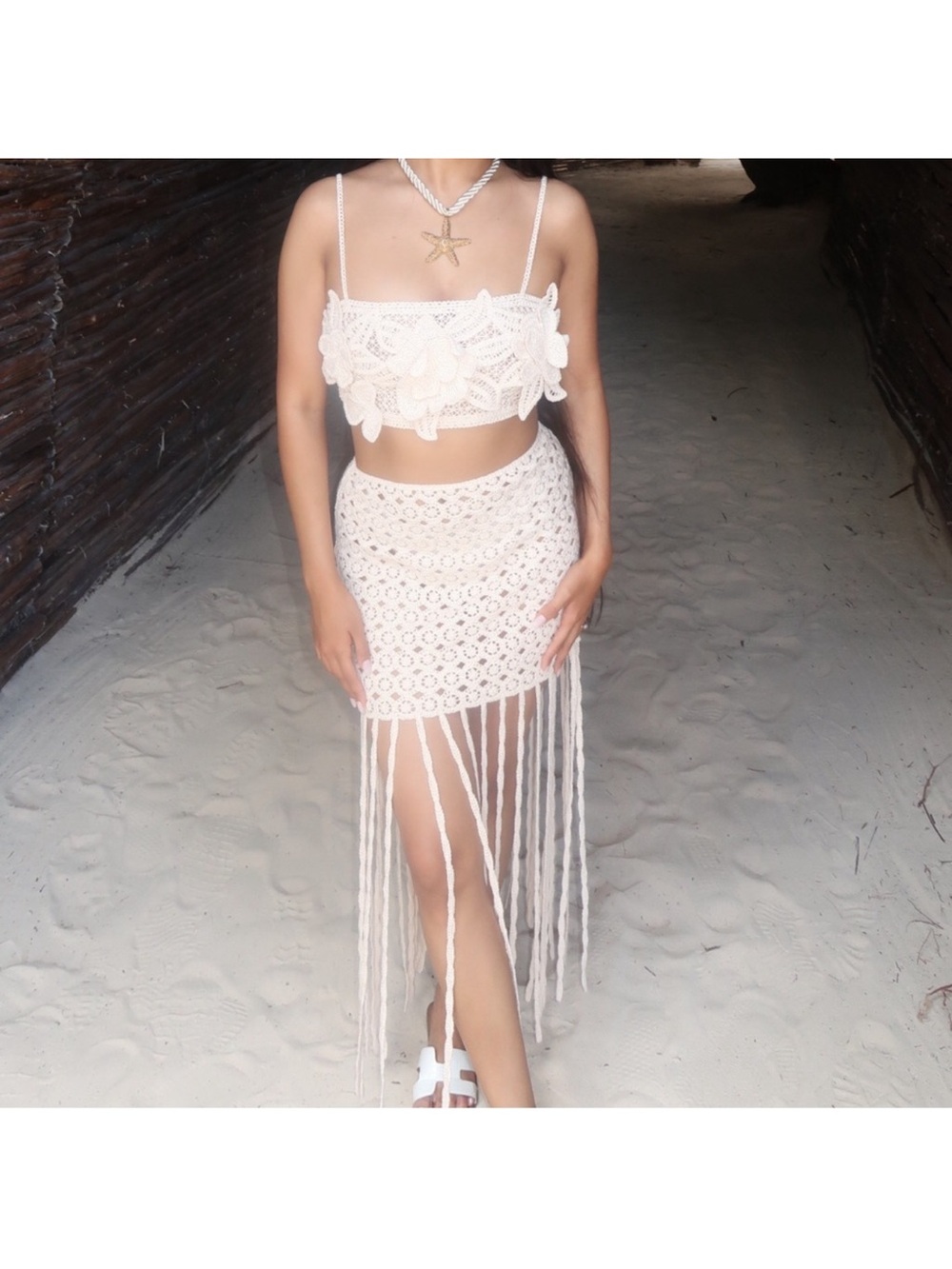 Zara Cream Crochet Floral Knit Top - Picture 5 of 7